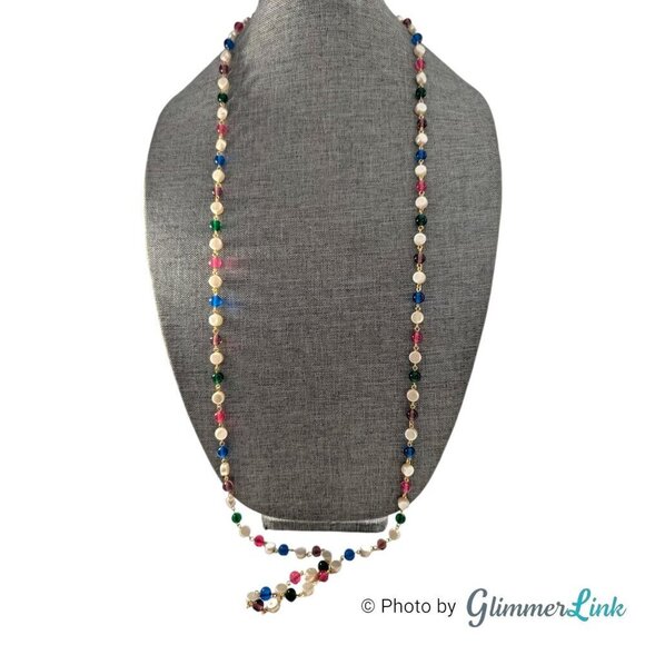 Vintage Long Multicolor Beaded Wire Faux Pearl Flapper Style Gold Tone Necklace - Picture 6 of 11